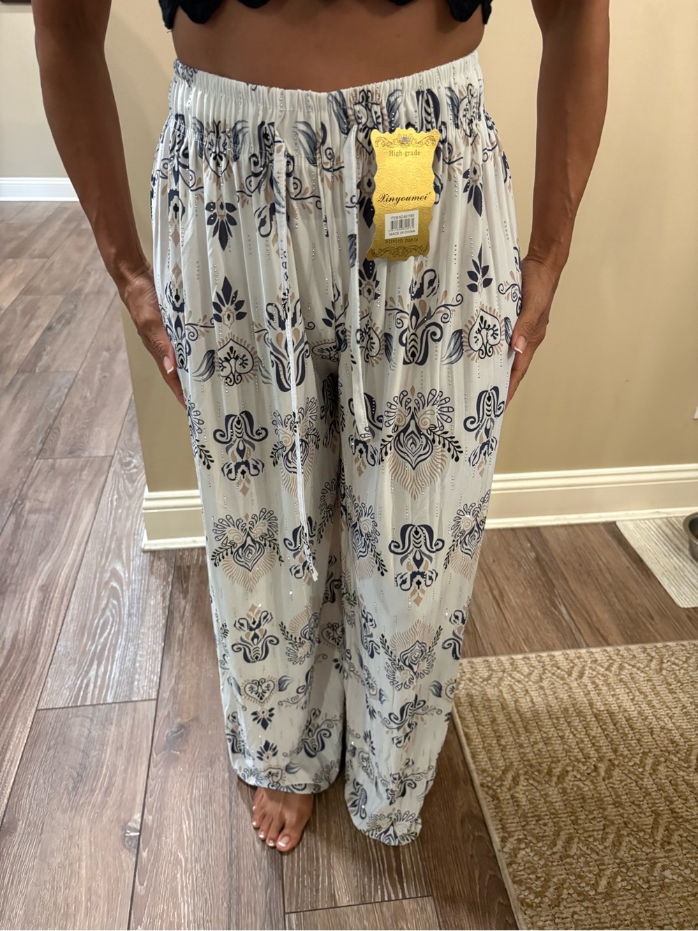 Wide Leg Printed Palazzo Pants - Navy & White with sequins